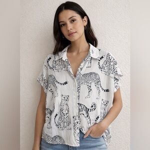 Jane and Dalancy  Short-Sleeve Leopard Print Button-Up Top